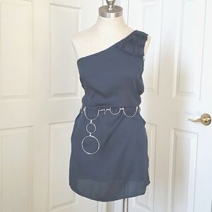🔴 Vintage Y2K One Shoulder Silky Dress Pockets Sapphire Blue